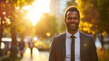 Smiling man in suit at sunset. Portrait of a cheerful businessman in a city setting with golden sunlight in the background, radiating a warm, inviting atmosphere. . photo