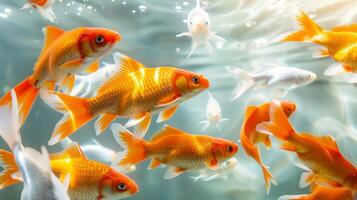 Swimming goldfish in pond.Cluster of vibrant goldfish swimming in a clear pond, bubbles and light reflections enhance the scene. photo