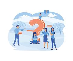 Men and women asking questions, discussing, searching for answers, ideas online and offline using laptop, phone, book next to question mark. flat modern illustration vector