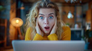 Shocked Woman Using Computer. Close-up of a young woman in a yellow sweater, showing a shocked expression while looking at her laptop screen. photo