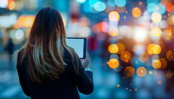 Woman Using Tablet in Vibrant City Lights at Night photo