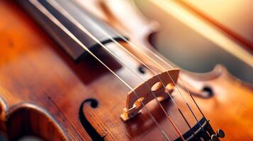 Close-up of a violin. Detailed close-up of a violin focusing on the strings and bridge, highlighted by warm lighting. photo