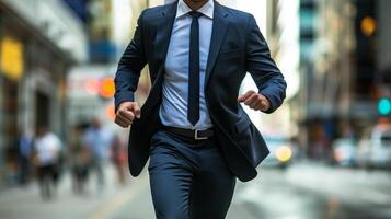 empresario corriendo mediante el ciudad. sección en medio ver de un empresario en un azul traje corriendo en un ocupado ciudad calle, movimiento borroso antecedentes. foto