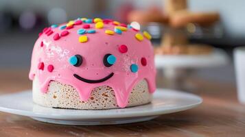 Decorative smiley face cake. Close-up of a whimsical smiley face cake with pink icing and colorful candy decorations. photo