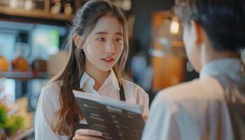 Waitress serving a customer in a restaurant. A young Asian woman in a white blouse taking an order, engaged in a pleasant conversation with a customer. . photo