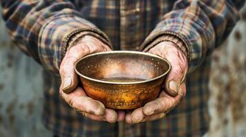 Hands holding a copper bowl. Close-up of weathered hands holding an old copper bowl, showing detailed textures and a rustic aesthetic. photo