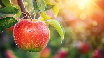 Fresco manzana en rama.viva manzana cubierto con Rocío gotas, adjunto a un rama, con borroso huerta antecedentes. foto