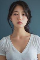 Serene portrait of a young woman. Serene close-up portrait of a young Asian woman in a white V-neck shirt, featuring a contemplative expression against a soft blue background. photo