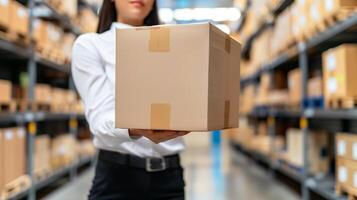 Employee delivering package in warehouse. Close-up of a warehouse employee in formal attire delivering a cardboard package, with shelves of goods blurred in the background. photo