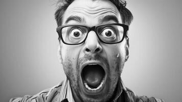 Man making a surprised face. Black and white portrait of a man with exaggerated facial expression, wide eyes and open mouth, displaying shock or surprise. photo