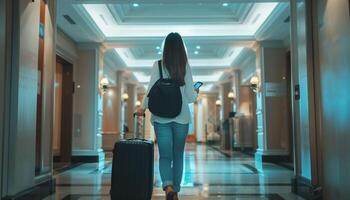 Woman Walking Through Hotel Corridor photo