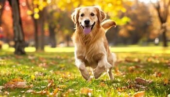 Golden Retriever Joyfully Running in Autumn Park photo