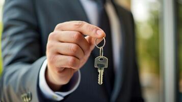 Businessman Holding House Keys. Close-up of a businessman's hand presenting a set of house keys, symbolizing real estate ownership or transfer. photo