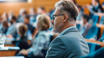 Businessman listening at conference. Mature businessman with glasses attentively listening in a conference hall. . photo