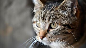 Close-up on cat's face. Detailed close-up view of a domestic cat's face, focusing on its eyes and whiskers with a blurred background. . photo