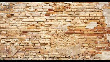 Old weathered brick wall. Close-up of an aged brick wall with various colors and textures, showing signs of deterioration and patches of mortar. photo