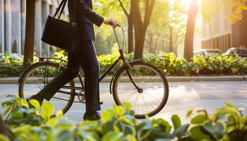 Respetuoso del medio ambiente conmutar empresario con bicicleta en iluminado por el sol ciudad foto