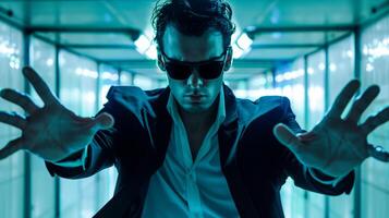 Stylish Man in Sunglasses with Dynamic Pose photo