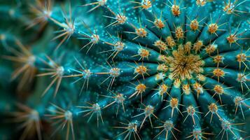 Close-up of a turquoise cactus. Macro photography of a turquoise cactus with sharp orange spines and a detailed pattern. photo