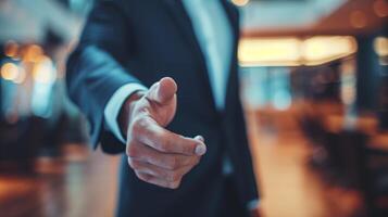 Close-up of a businessman extending his hand for a handshake, symbolizing invitation, greeting, or agreement. photo