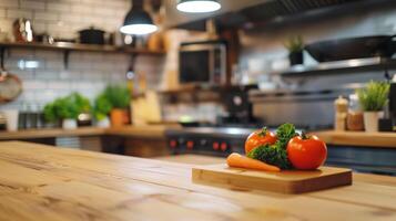 Vegetables on cutting board in kitchen. Fresh vegetables on a wooden cutting board in a well-equipped kitchen with modern appliances and green potted plants. photo