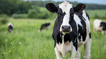 Holstein vaca en un campo. de cerca de un Holstein vaca en pie en un verde campo con más vacas en el antecedentes. foto
