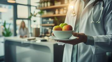 Doctor Promoting Healthy Eating with Fresh Fruits photo