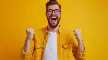 Joyful Young Man Celebrating Success. Portrait of a joyful young man in a yellow shirt celebrating with raised fists and a big smile against a yellow background. photo