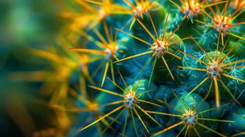 Vibrant cactus close-up with orange spines. Close-up view of a vibrant green cactus with orange spines under natural light, showing intricate details. photo