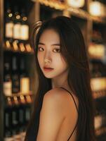 Elegant woman in wine cellar. Portrait of an elegant Asian woman in a black dress, set against the backdrop of a dimly lit wine cellar with soft bokeh lights. photo