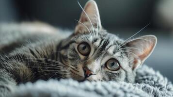 Tabby Cat Lounging on a Cozy Blanket. Close-up of a tabby cat lying on a gray knitted blanket, focusing intently with wide eyes. photo