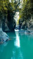 waterfall with turquoise water and rock cliffs photo