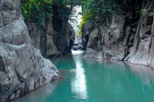 waterfall with turquoise water and rock cliffs photo