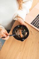 Food delivery. Different in plastic disposable lunch box with healthy natural food. Chicken broth, mashed soup photo