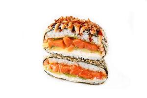 appetizing fresh sushi burgers on white background for food delivery site photo