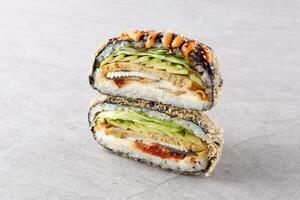 appetizing fresh sushi burgers on white background for food delivery site photo