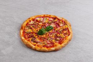 chicken BBQ Pizza. Pizza sauce, mozzarella, chicken breast, bacon, red onion, BBQ sauce, traditional pastry, photo