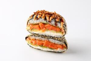 appetizing fresh sushi burgers on white background for food delivery site photo