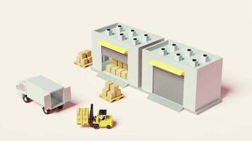 Overhead view of warehouse worker moving pallet of goods with forklift in warehouse animation video