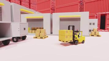 warehouse worker moving pallet of goods with forklift in warehouse animation Forklift truck lifting cargo container in shipping yard or dock yard against blue sky with cargo container stack video