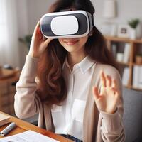 A woman wearing a virtual reality glasses photo