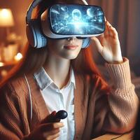 A woman wearing a virtual reality glasses photo