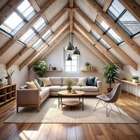 A modern living room with vaulted wood ceiling photo