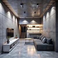 un moderno vivo habitación con hormigón paredes y piso. foto