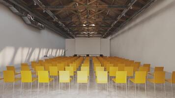 simétrico filas de amarillo sillas en un sala, Listo para un evento foto