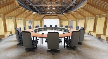 Round conference room table and chairs in a hall with modern interior design photo