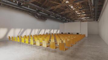 simétrico filas de amarillo sillas en un sala, Listo para un evento foto