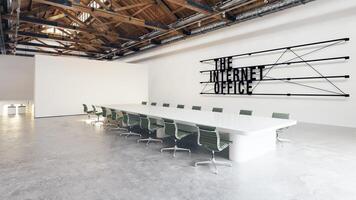 Rectangular conference hall with wood flooring and internet office sign photo