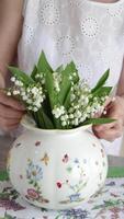 Woman put bouquet of lilies of valley in vase. Arrangement video