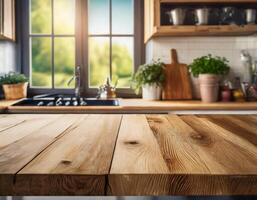 Empty wooden top table in kitchen with blurred window background photo